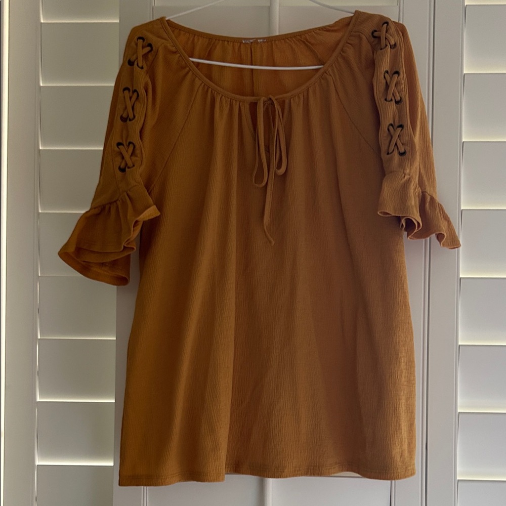 Women's Mustard Top with Lace-Up Sleeves